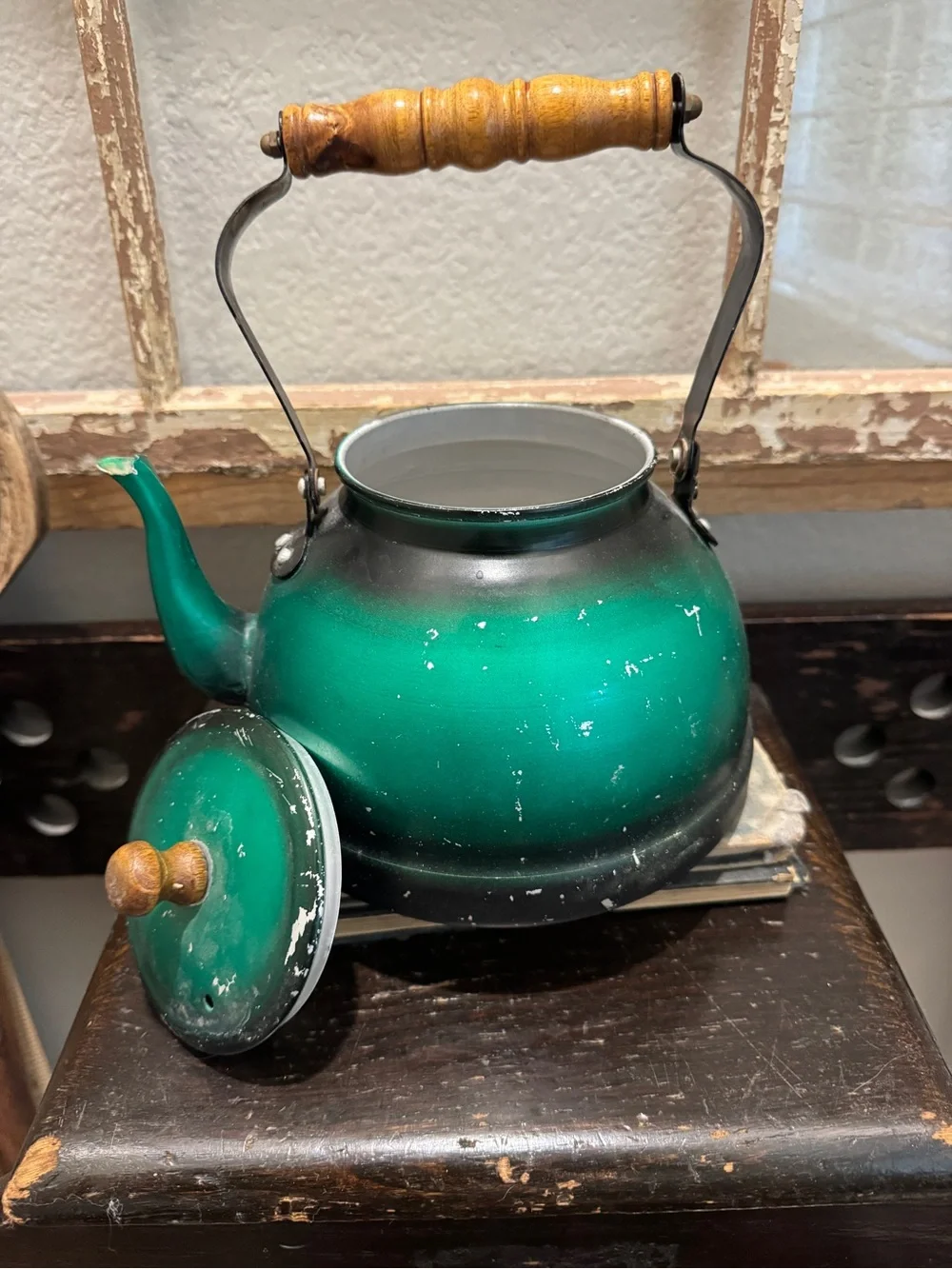 Green Vintage Tea Kettle with Wooden Handle